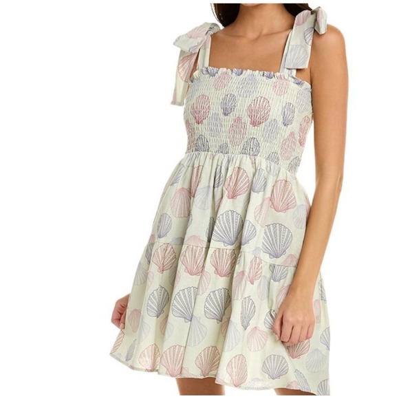 Kathleen Maeve Seaside Linen Seashell Print Smocked Tie-Strap Dress Size Small - Picture 8 of 9